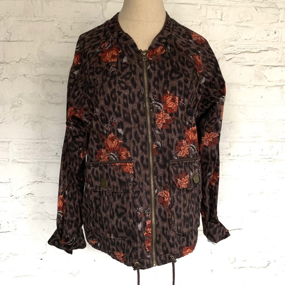 Bomber jacket brown leopard print floral pattern Large lightweight - Picture 1 of 8